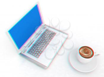 3d cup and a laptop on a white background. Anaglyph. View with red/cyan glasses to see in 3D. 3D illustration