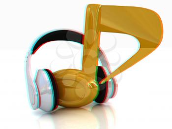 headphones and 3d note on a white background. Anaglyph. View with red/cyan glasses to see in 3D.3D illustration