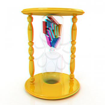 3d hourglass with the books inside on a white background. Anaglyph. View with red/cyan glasses to see in 3D. 3D illustration