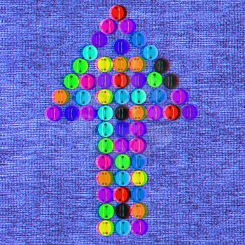 colorful real button arrow sewn to the cloth. Anaglyph. View with red/cyan glasses to see in 3D. 3D illustration