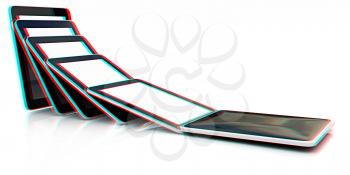 dynamics of the fall of the phone on a white background. 3D illustration. Anaglyph. View with red/cyan glasses to see in 3D.