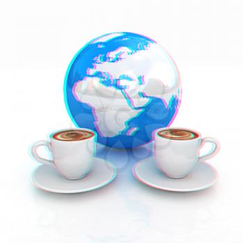 Coffee Global World concept on a white background. 3D illustration. Anaglyph. View with red/cyan glasses to see in 3D.