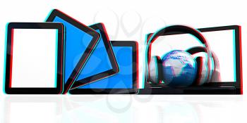headphones and  earth on the  laptop and tablet pc on a white background. 3D illustration. Anaglyph. View with red/cyan glasses to see in 3D.