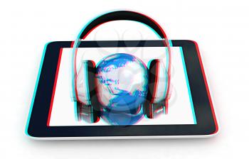 phone and headphones.Global on a white background. 3D illustration. Anaglyph. View with red/cyan glasses to see in 3D.