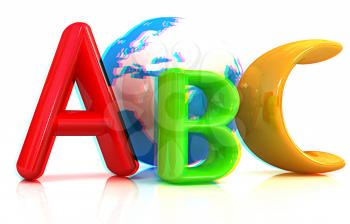 abc text and earth on white background. 3D illustration. Anaglyph. View with red/cyan glasses to see in 3D.