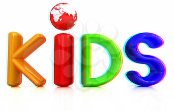 3d colorful text Kids on a white background. 3D illustration. Anaglyph. View with red/cyan glasses to see in 3D.
