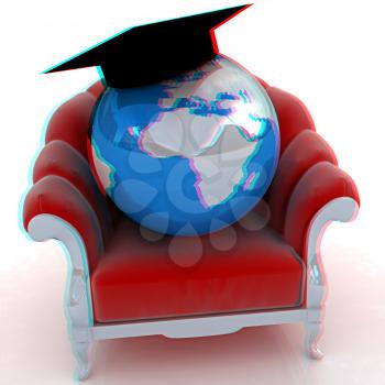 3D rendering of the Earth on a chair on a white background. Anaglyph. View with red/cyan glasses to see in 3D. 3D illustration
