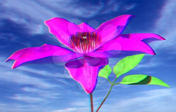 Beautiful Cosmos Flower against the sky. 3D illustration. Anaglyph. View with red/cyan glasses to see in 3D.