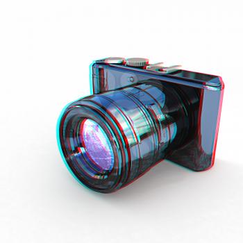 3d illustration of photographic camera on white background. 3D illustration. Anaglyph. View with red/cyan glasses to see in 3D.