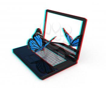 butterfly on a notebook on a white background. 3D illustration. Anaglyph. View with red/cyan glasses to see in 3D.