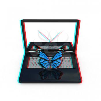 butterfly on a notebook on a white background. 3D illustration. Anaglyph. View with red/cyan glasses to see in 3D.