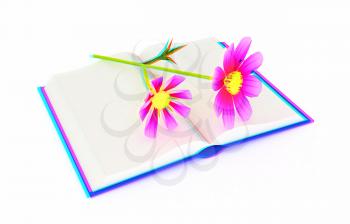 Wonderful flower cosmos on the exposed book. 3D illustration. Anaglyph. View with red/cyan glasses to see in 3D.