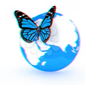 Earth and butterfly on white background. 3D illustration. Anaglyph. View with red/cyan glasses to see in 3D.