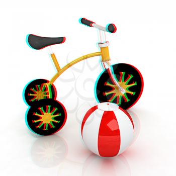 children's bike with colorful aquatic ball on white background. 3D illustration. Anaglyph. View with red/cyan glasses to see in 3D.