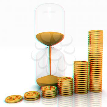 hourglass and coins on a white background. Anaglyph. View with red/cyan glasses to see in 3D. 3D illustration