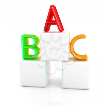 alphabet and blocks on a white background. 3D illustration. Anaglyph. View with red/cyan glasses to see in 3D.