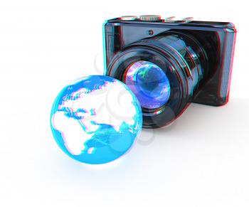 3d illustration of photographic camera and Earth on white background. 3D illustration. Anaglyph. View with red/cyan glasses to see in 3D.