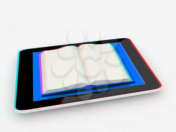 tablet pc and opened book on white background. 3D illustration. Anaglyph. View with red/cyan glasses to see in 3D.