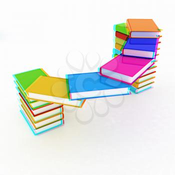 colorful real books on a white background. 3D illustration. Anaglyph. View with red/cyan glasses to see in 3D.