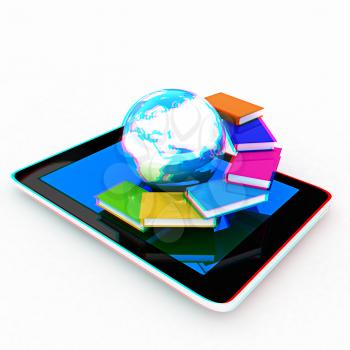 tablet pc and earth with colorful real books  on white background. 3D illustration. Anaglyph. View with red/cyan glasses to see in 3D.