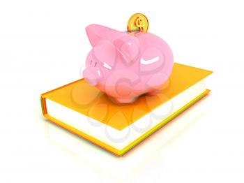 Piggy Bank with a gold dollar coin on book on a white background. 3D illustration. Anaglyph. View with red/cyan glasses to see in 3D.