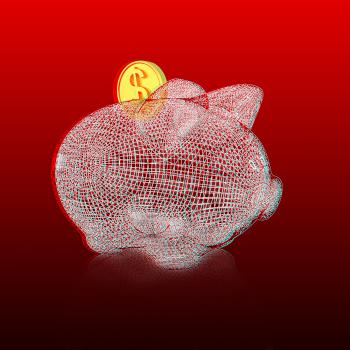 3d model piggy bank on gradient background. 3D illustration. Anaglyph. View with red/cyan glasses to see in 3D.