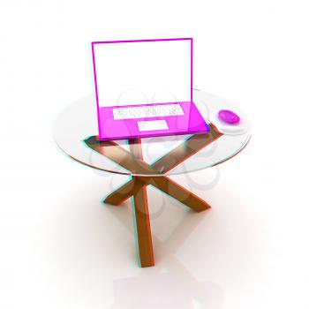 pink laptop on an exclusive table on a white background. 3D illustration. Anaglyph. View with red/cyan glasses to see in 3D.