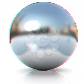 Chrome Ball 3d render on a white background. Anaglyph. View with red/cyan glasses to see in 3D. 3D illustration