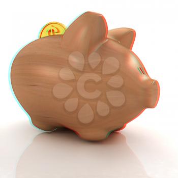 Wooden piggy bank and falling coins. 3D illustration. Anaglyph. View with red/cyan glasses to see in 3D.