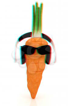 carrot with sun glass and headphones front face on a white background. 3D illustration. Anaglyph. View with red/cyan glasses to see in 3D.