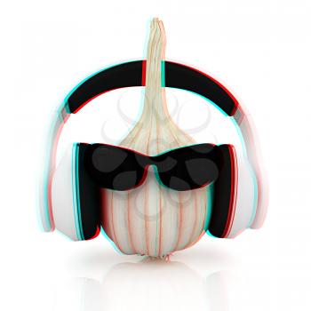 Head of garlic with sun glass and headphones front face on a white background. 3D illustration. Anaglyph. View with red/cyan glasses to see in 3D.