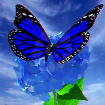 Beautiful Ajisai Flower and butterfly against the sky. Anaglyph. View with red/cyan glasses to see in 3D. 3D illustration