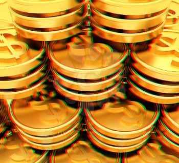 Gold dollar coins on a white background. 3D illustration. Anaglyph. View with red/cyan glasses to see in 3D.