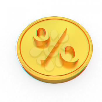 Gold percent coin on a white background. 3D illustration. Anaglyph. View with red/cyan glasses to see in 3D.