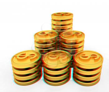 Gold dollar coins on a white background. 3D illustration. Anaglyph. View with red/cyan glasses to see in 3D.