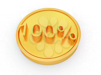Gold percent coin 100 on a white background. 3D illustration. Anaglyph. View with red/cyan glasses to see in 3D.
