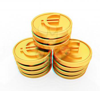 Gold euro coins on a white background. 3D illustration. Anaglyph. View with red/cyan glasses to see in 3D.