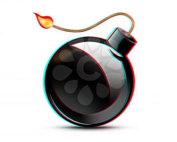 black bomb burning on white background. 3D illustration. Anaglyph. View with red/cyan glasses to see in 3D.
