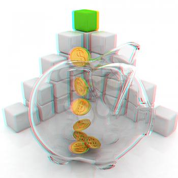 cubic diagram structure and piggy bank on a white background. Anaglyph. View with red/cyan glasses to see in 3D. 3D illustration