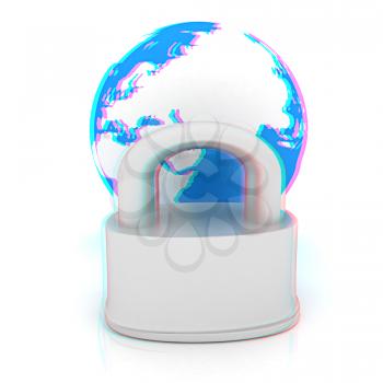 globe and padlock on a white background. 3D illustration. Anaglyph. View with red/cyan glasses to see in 3D.