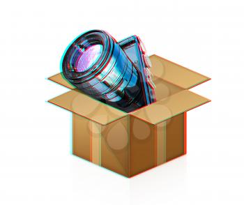 camera out of the box on a white background. 3D illustration. Anaglyph. View with red/cyan glasses to see in 3D.