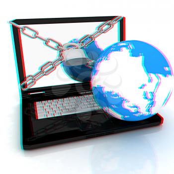 Laptop with lock, chain and earth on a white background. 3D illustration. Anaglyph. View with red/cyan glasses to see in 3D.