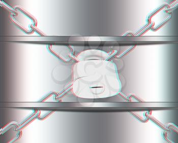 template with chains and padlock. 3D illustration. Anaglyph. View with red/cyan glasses to see in 3D.