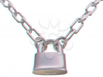 chains and padlock isolation on white background - 3d illustration. 3D illustration. Anaglyph. View with red/cyan glasses to see in 3D.