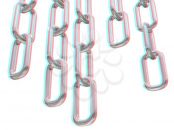 Metal chains on a white background. 3D illustration. Anaglyph. View with red/cyan glasses to see in 3D.