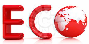 Word Eco with 3D globe on a white background. Anaglyph. View with red/cyan glasses to see in 3D. 3D illustration
