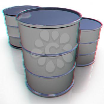 Metal barrels on white background. 3D illustration. Anaglyph. View with red/cyan glasses to see in 3D.