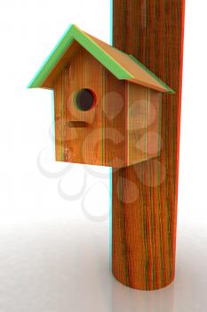 Nest box birdhouse on a white background. 3D illustration. Anaglyph. View with red/cyan glasses to see in 3D.