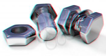 stainless steel bolts with a nuts and washers on white. 3D illustration. Anaglyph. View with red/cyan glasses to see in 3D.