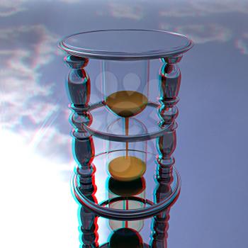 Chrome hourglass on a chrome reflective background. 3D illustration. Anaglyph. View with red/cyan glasses to see in 3D.